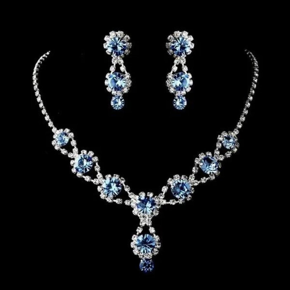 New Women's Handmade Blue & Red Rhinestone Clear Crystal Tear Drop Jewelry Set